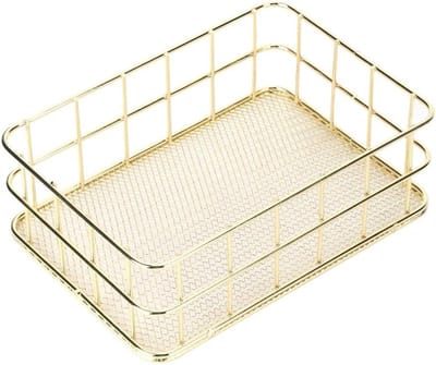 Gouden metalen opbergmand met gaasbodem voor bureau en woningdecoratie in Scandinavisch design