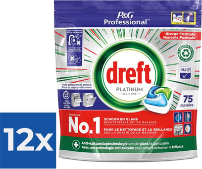 Dreft Platinum Regular All in 1 Vaatwastabletten - 75 Tabs - Voordeelverpakking 12 stuks