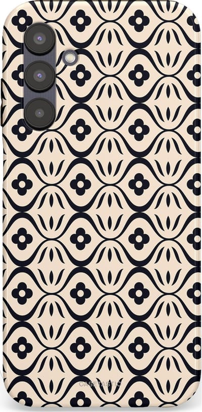 Casetastic hoesje geschikt voor Samsung Galaxy A25 - Dubbellaagse bescherming - Retro crème-zwarte bloemenprint - Fashion Case - Crème Grijs Donkergrijs