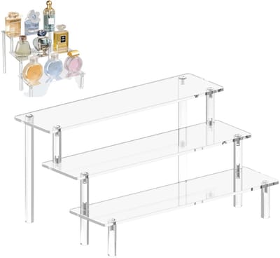Acryl Display Stand – 3 Laags Etalage Rek – Helder Acryl – Eenvoudige Montage – Meerlaagse Opstelling – cupcake, parfum, skincare, cosmetica, sieradenstandaard – 29,5 X 7,6 X 14,5 Cm – 1 Stuk – Transparant
