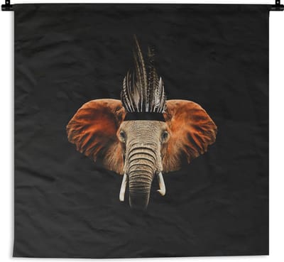 Wandkleed - Wanddoek - Olifant - Veren - Hoed - 90x90 cm - Wandtapijt