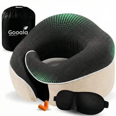 Gooala® Nekkussen - Luxe Reiskussen Set - Traagschuim - Vliegtuig & Auto - Oordoppen en Slaapmasker - Beige