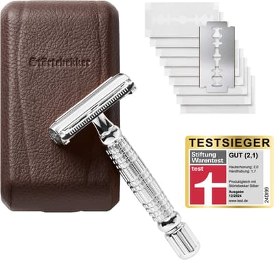 Störtebekker® Premium Safety Razor 'Hamburg' (Zilver) - incl. leren etui (Café) en 10 scheermesjes - Scheerset Unisex - Scheermes / Veiligheidsscheermes - Double Edge / Single Blade Razor Zero Waste