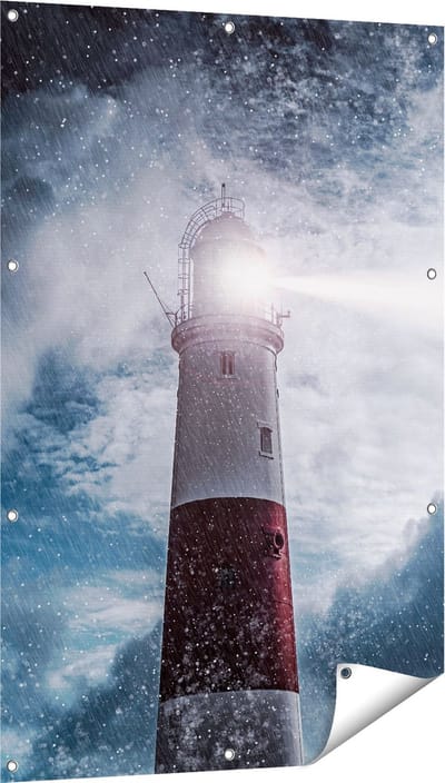 Gards Tuinposter Vuurtoren tijdens de Regen Storm - 80x120 cm - Tuindoek - Tuindecoratie - Wanddecoratie buiten - Tuinschilderij