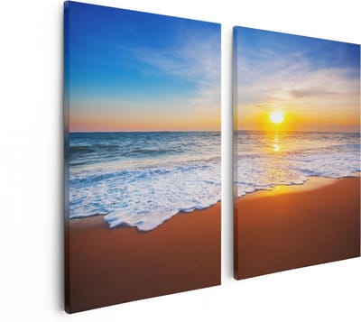 Artaza Canvas Schilderij Tweeluik Strand En Zee Tijdens Zonsondergang - 80x60 - Foto Op Canvas - Canvas Print