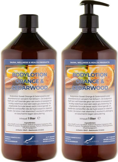 Bodylotion Sweet Orange & Cedarwood 1 Liter - met gratis pomp - set van 2 stuks