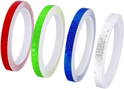 Reflecterende Tape Set van 4 Stuks, 10mmx8M, Waterdichte Zelfklevende Veiligheidsmarkering voor Auto, Fietsen en Motoren (Rood, Groen, Blauw, Wit)