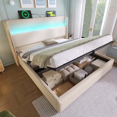 Sweiko Gestoffeerd bed - 140x200 cm - Hoog hoofdeinde - LED-verlichting - Opbergruimte - USB/Type-C - Linnen - Beige
