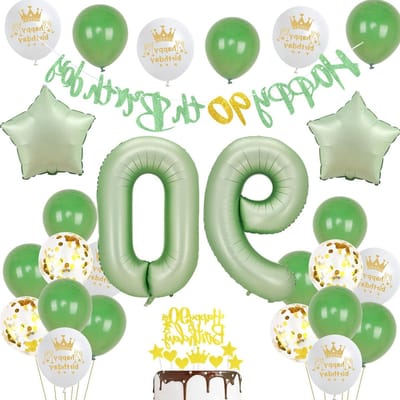 Feestelijke groene decoratie voor 90e verjaardag met grote folieballonnen en versieringen voor mannen en vrouwen