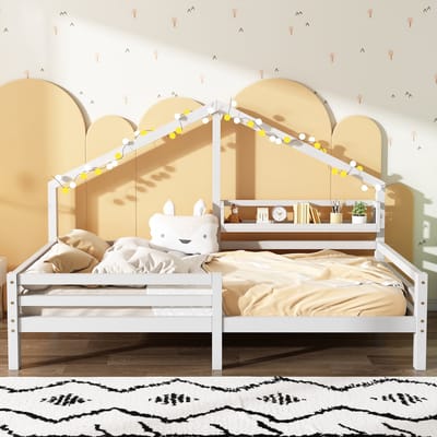 Gutent Kinderbed, Wit (Zonder matras), met Opbergplanken, Huislijst, 90x200cm