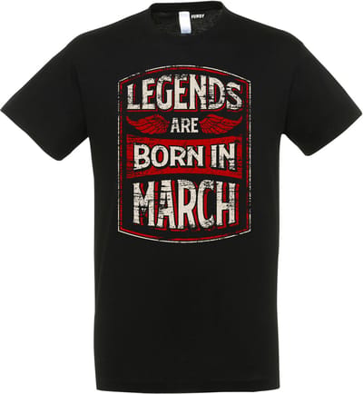 T-shirt Legends are born in March | Verjaardag shirt Maart | verjaardag cadeau voor mannen | Zwart | maat XS