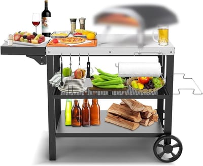 Rvs Grill Trolley met 3 Niveaus, Perfect voor Buiten, Ideaal als Pizza Oven Stand en Werktafel, 116 x 54 cm