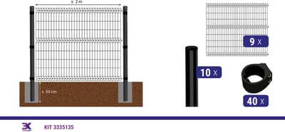 KIT 45 draadpaneel + palen en klemmen, lengte 18m, hoogte 173cm, kleur zwart RAL 9005