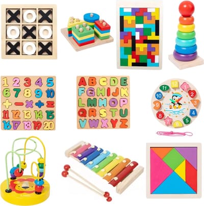 DMG Supply Houten Megaset - 10 Spellen in 1 - Educatief Speelgoed - Letters en Cijfers - Blokken en Stapelen - Tangram en Xylofoon - Puzzel - Cadeauset - Vanaf 3 Jaar