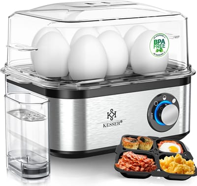 KESSER® Eierkoker electrisch voor 8 Eieren | Elektrische Eierkoker 500W van roestvrij staal met Timer en Maatbeker, kom voor omelet & Eierhouder BPA-vrij - Zwart / Zilver