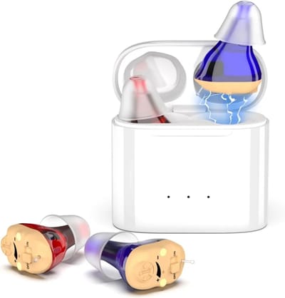 Hoortoestellen, hoortoestellen met draadloos opladen, hoortoestellen met magnetische oplaaddoosjes, digitale dual-channel in-ear hoortoestellen met ruisonderdrukking.