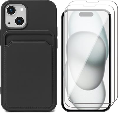 Hoesje Pasjeshouder geschikt voor iPhone 15 - 2x Screenprotector GlassGuard - Siliconen Case Back Cover Zwart & Screen Protector