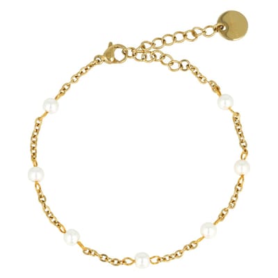 My Bendel - Goudkleurige Schakelarmband met Witte Parel - met Luxe Cadeauverpakking | Sieraden Voor Dames
