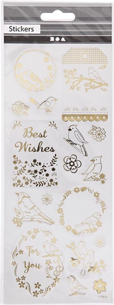 Stickers, vogels, vel 10x24 cm, ca. 17 stuk, goud, 1 vel