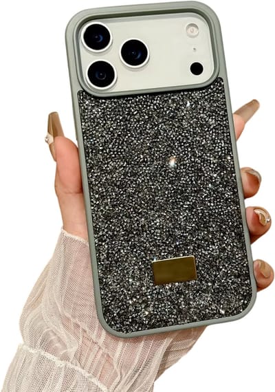 Bling Glitter Telefoonhoesje met Strass – Geschikt voor iPhone 17 - Veelkleurig Beschermhoesje, Camera Bescherming, Luxe Cover, Trendy Hoesje - GRIJS
