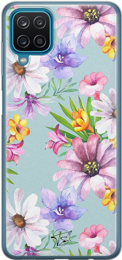 Hoesje geschikt voor Samsung Galaxy A12 - Mint bloemen - Soft Case - TPU - Bloemen - Blauw - Mooie Telefoonhoesjes