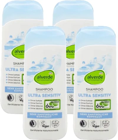 Alverde Naturkosmetik Shampoo Ultra Sensitive | MULTI-VERPAKKING 4x 200 ml - Zonder sulfaten, zonder parfum, zonder alcohol en zonder siliconen