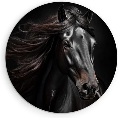 Saammp Muurcirkel Hout - Paard - Portret - Zwart - Kunst - Dieren - Natuur - Ø 90 - Wandcirkel - Wanddecoratie Cirkel - muurdecoratie Woonkamer - Slaapkamer decoratie - Rond Schilderij