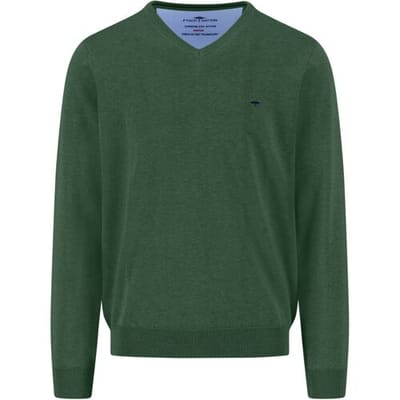 Fynch-Hatton Trui Uni Color Superfine Cotton V-Neck Dark Leaf / male