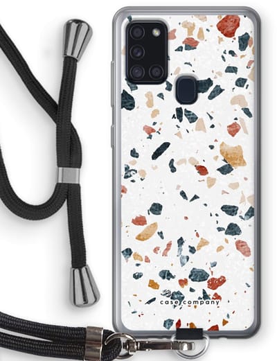 Case Company® - Hoesje met koord geschikt voor Samsung Galaxy A21s hoesje met Koord - Terrazzo N°4 - Telefoonhoesje met Zwart Koord - Bescherming aan alle Kanten en Over de Schermrand