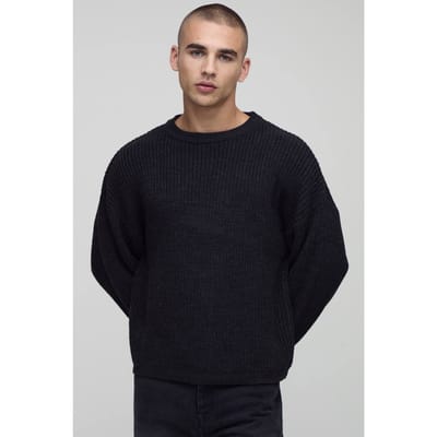 Essential Boxy Fit Ribbed Knitted Jumper | Charcoal | Size Medium