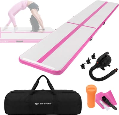 ECD Germany airtrack opblaasbare gymnastiekmat 5m roze 10cm dik turnmat tumbling fitness yoga inclusief elektrische luchtpomp draagtas antislip duurzaam binnen buiten trainingsmat yogamat sportmat pilatesmat gymnastiekbaan cheerleading airtrack