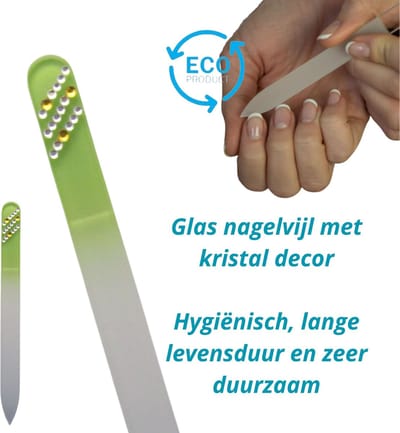 Milano Kristal Glas Nagelvijl - Glass Nailfile - Glazen Glasvijl - onverslijtbaar - groen met steentjes 40