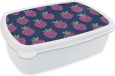 Broodtrommel Wit - Lunchbox Patroon - Framboos - Retro - Brooddoos 18x12x6 cm - Brood lunch box - Broodtrommels voor kinderen en volwassenen