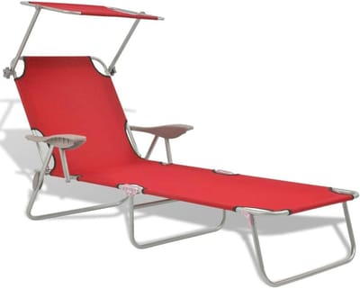 Klapstoel met zonnedak - Strandstoel Loungestoel - Ontspannen in de zon - Verstelbare rugleuning - 189 cm lengte - Rood