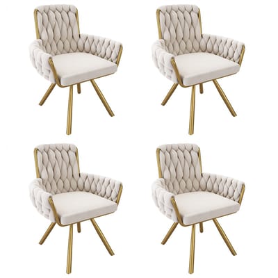 YEHTOKHOME Fluwelen Eetkamerstoelen- Draaistoel met armleuningen - Fauteuil - Make-upstoel - Velvet stoel voor woonkamer, eetkamer, slaapkamer - Gouden metalen poten - 360° graden draaibaar - Set van 4 - Beige