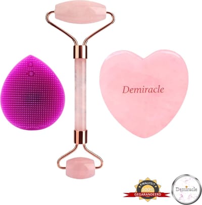 Demiracle® Face Roller & Gua Sha Love Bundle met Paarse Siliconen Gezichtsborstel  – Rose Quartz – Face Rollers – Gezichtsmassage – Massagetools – Massage - Ontspanning – Kwaliteit
