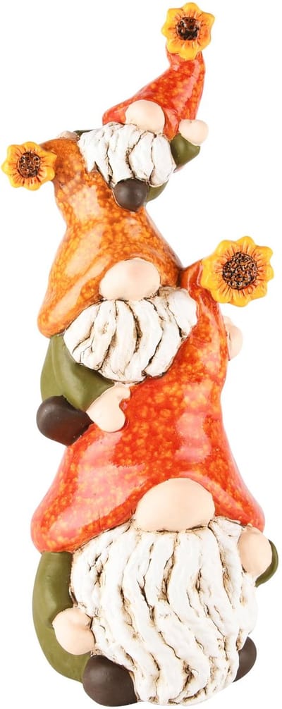 Gnomen trio met zonnebloemen oranje/groen Terracotta 32 cm hoog - tuinbeeld - decoratiefiguur - interieur - accessoire - voor binnen en buiten - herfstcollectie - geschenk - cadeau - gift - verjaardag