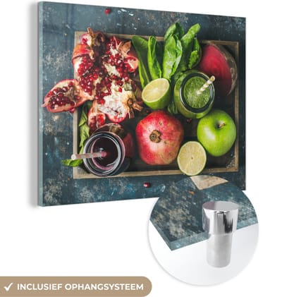 MuchoWow® Glasschilderij 120x90 cm - Schilderij acrylglas - Fruitkist - Fruit - Smoothie - Foto op glas - Schilderijen