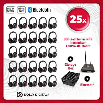 Dolly Digital© Original Silent Disco draadloze koptelefoons voor groepen. PRO BOX 25 oplaadbare headsets + Bluetooth zender T80Pro | Dolly Digital©
