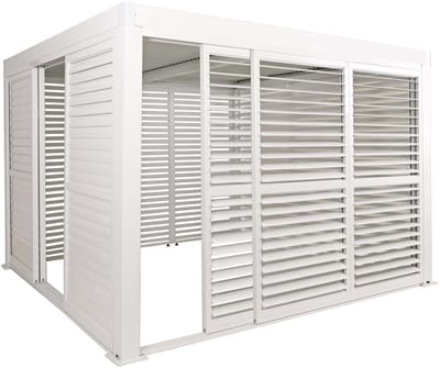 Alu Pergola MCW-L46, paviljoen terrasoverkapping, 6x lamellenpaneel 6x schuifdeuren, 11 cm frame, 3x3 m ~ wit
