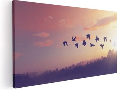 Artaza Canvas Schilderij Vogels - 40x20 cm - Klein - Wanddecoratie Zonsondergang - Muurdecoratie Meer - Schilderijen Op Canvas
