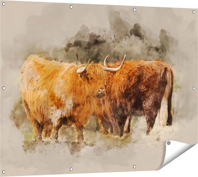 Gards Tuinposter Twee Schotse Hooglander Koeien - Abstract - 120x90 cm - Tuindoek - Tuindecoratie - Wanddecoratie buiten - Tuinschilderij
