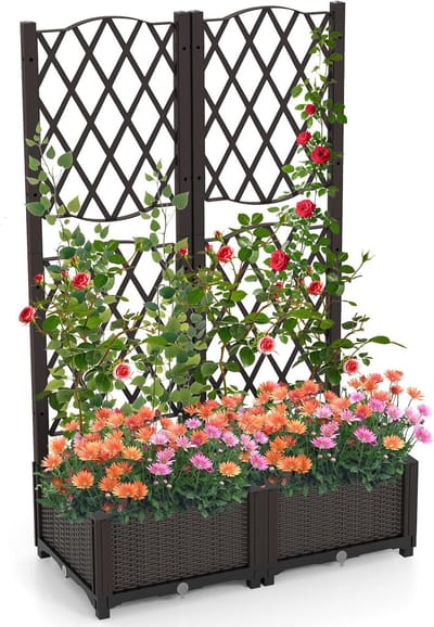 COSTWAY Bloembak met rankrooster, plantenbak voor klimplanten, verhoogd bed met latwerk, bloempot voor tuin, binnenplaats, balkon, tuinlatwerk, rankkast met zelfbewatering, 80 x 40 x 122 cm