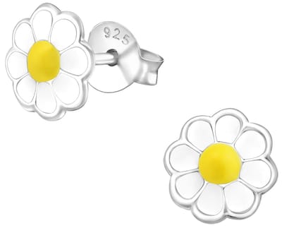 Joy|S - Zilveren madelief oorbellen - bloem oorknoppen - 7 mm - wit geel - kinderoorbellen
