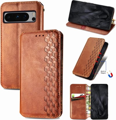 Luxe PU Lederen Ruitpatroon Wallet Case + Glas Screenprotector voor Pixel 8 Pro _ Bruin