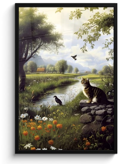 Poster in lijst - Fotolijst 60x90 cm - Posters - Kat - Beekje - Weide - Posterlijst zwart - Decoratie - Wanddecoratie woonkamer - Muurdecoratie slaapkamer