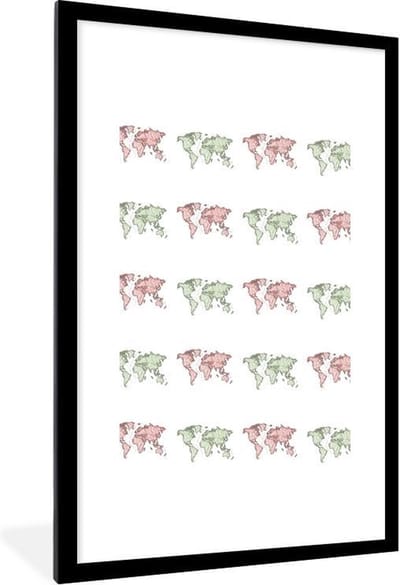 Poster in lijst - Fotolijst 60x90 cm - Posters - Wereldkaarten - Sjabloon - Roze - Groen - Posterlijst zwart - Decoratie - Wanddecoratie woonkamer - Muurdecoratie slaapkamer