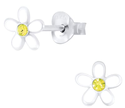 Joy|S - Zilveren bloem oorbellen - wit geel - 7 mm