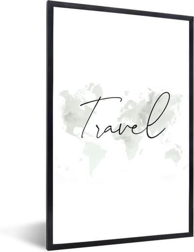 Poster in lijst - Fotolijst 60x90 cm - Posters - Wereldkaart - Waterverf - Minimalisme - Posterlijst zwart - Decoratie - Wanddecoratie woonkamer - Muurdecoratie slaapkamer