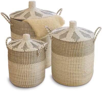Dailygoods- Wasmand 3 vakken 76L/43L/26L - Wasmand met deksel - Opbergmanden - Handgemaakt zeegras - Handvatten - Natuurlijke uitstraling - Opbergmand